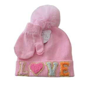 Cute Pink Knit Hat and Mittens Set with Heart Design
